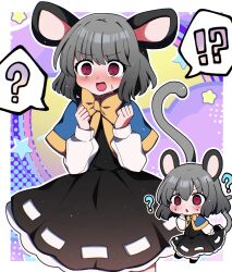 Rule 34 | !?, 1girl, ?, @ @, absurdres, animal ears, black dress, black footwear, blue capelet, blush, capelet, dress, grey hair, highres, long sleeves, mouse ears, mouse tail, multiple views, nazrin, open mouth, red eyes, shoes, short hair, spoken question mark, tail, touhou, you (noanoamoemoe)