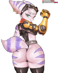 Rule 34 | 1girl, ass, blue eyes, earrings, from behind, furry, furry female, girlsay, gloves, goggles, goggles on head, highres, huge ass, jewelry, looking at viewer, looking back, mechanical arms, open mouth, ratchet &amp; clank, ratchet &amp; clank: rift apart, rivet (ratchet &amp; clank), single glove, single mechanical arm, solo, tail, thighhighs