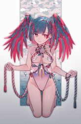 Rule 34 | 1girl, bad id, bad pixiv id, bare arms, bare legs, barefoot, blue hair, braid, breasts, closed mouth, collarbone, commentary request, covered navel, feathered wings, full body, gradient background, grey background, groin, head wings, highres, holding, holding rope, kneeling, leotard, looking at viewer, medium breasts, multicolored hair, original, pink background, purple leotard, red hair, rope, shimenawa, side braid, solo, streaked hair, watori re, wings