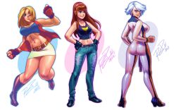 Rule 34 | 3girls, ass, belt, blonde hair, blue eyes, bodysuit, boots, breasts, brown hair, casual, christie (doa), clenched hands, dead or alive, denim, fingerless gloves, gloves, hairband, hands on own hips, high heels, hitomi (doa), jeans, large breasts, lips, long hair, midriff, miniskirt, multiple girls, navel, open clothes, open vest, pants, purple eyes, robaato, shoes, short hair, skin tight, skirt, smile, smirk, sports bra, tank top, tecmo, thick thighs, thighs, tina armstrong, toned, vest, white hair