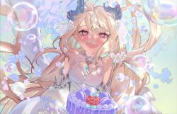 Rule 34 | absurdly long hair, ahoge, bare shoulders, bird girl, birthday cake, blonde hair, blue hair, blush, bob cut, breasts, cake, crystal wings, dress, enna alouette, enna alouette (2nd costume), flower, food, frilled dress, frills, fruit, gear (gear 990), gradient hair, hair flower, hair ornament, head wings, highres, long hair, looking at viewer, low twintails, macaron, multicolored eyes, multicolored hair, nijisanji, nijisanji en, official alternate costume, official alternate hairstyle, open mouth, pleated dress, puffy sleeves, purple eyes, purple wings, short hair, small breasts, smile, strawberry, twintails, very long hair, virtual youtuber, white flower, wings, yellow eyes