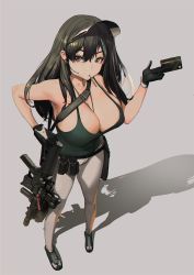 Rule 34 | 1girl, ammunition pouch, assault rifle, bare shoulders, belt, black footwear, black gloves, black hair, breasts, cleavage, covered erect nipples, credit card, earpiece, food, food in mouth, from above, gloves, green tank top, grey background, grey eyes, grey pants, gun, hair between eyes, highres, holding, holding weapon, ihobus, korean commentary, large breasts, long hair, multicolored hair, original, pants, pocky, pouch, rifle, shadow, sideboob, standing, strap, streaked hair, tank top, visor, visor cap, weapon