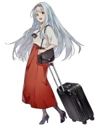 Rule 34 | 1girl, bag, black footwear, breasts, brown eyes, elbow sleeve, full body, hairband, headband, high heels, japan airlines, jewelry, kantai collection, konishi (koconatu), long hair, long skirt, looking at viewer, medium breasts, necklace, official art, open mouth, pantyhose, passport, red skirt, rolling suitcase, scan, shoes, shoukaku (kancolle), shoulder bag, silver hair, skirt, smile, solo, standing, suitcase, watch, wristwatch