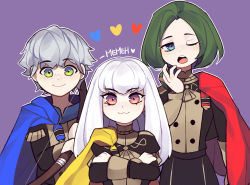 Rule 34 | 1girl, 2boys, artist name, ashe ubert, blue cape, bow (weapon), cape, closed mouth, crossed arms, fire emblem, fire emblem: three houses, garreg mach monastery uniform, green eyes, green hair, grey hair, highres, holding, holding bow (weapon), holding weapon, linhardt von hevring, long hair, long sleeves, lysithea von ordelia, memeh, multiple boys, nintendo, one eye closed, open mouth, pink eyes, red cape, short hair, simple background, smile, uniform, upper body, weapon, white hair, yellow cape