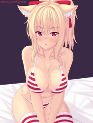 Rule 34 | 1girl, animal ear fluff, animal ears, bikini, blonde hair, blush, breasts, cat ears, cat girl, cleavage, collarbone, commentary, english commentary, highres, large breasts, long hair, looking at viewer, navel, nottytiffy, original, parted lips, patreon username, ponytail, red eyes, sitting, slit pupils, solo, striped bikini, striped clothes, swimsuit, thighhighs, thighs, tiffy (nottytiffy)