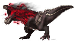 Rule 34 | aura, black scales, claws, dark aura, deviljho, digitigrade, dinosaur, extra teeth, full body, gegegekman, glowing, glowing eyes, monster, monster hunter (series), open mouth, red eyes, roaring, savage deviljho, scales, sharp teeth, signature, simple background, solo, spiked tail, spikes, tail, teeth, white background