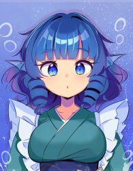 Rule 34 | 1girl, blue background, blue eyes, blue hair, blush, breasts, drill hair, fins, green kimono, harakune (mugennero), head fins, highres, japanese clothes, kimono, large breasts, long hair, long sleeves, looking at viewer, obi, parted lips, sash, solo, touhou, upper body, wakasagihime