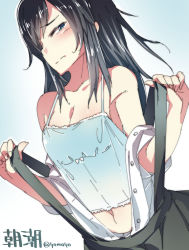 Rule 34 | 10s, 1girl, asashio (kancolle), bare shoulders, black hair, blue background, blue eyes, breasts, camisole, character name, clothes down, dutch angle, embarrassed, hair over one eye, highres, kantai collection, long hair, looking at viewer, medium breasts, navel, personification, simple background, solo, spaghetti strap, super zombie, suspenders, suspenders pull, twitter username, upper body