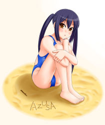 Rule 34 | barefoot, black hair, brown eyes, competition swimsuit, feet, hugging own legs, k-on!, long hair, nakano azusa, one-piece swimsuit, sand, solo, swimsuit, tk4, twintails