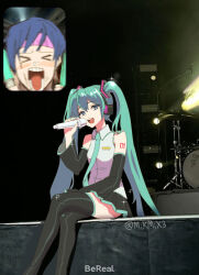 Rule 34 | &gt; &lt;, 1boy, 1girl, arm tattoo, black footwear, black skirt, blue eyes, blue hair, blue necktie, blush, boots, collared shirt, detached sleeves, english text, fan screaming at madison beer (meme), grey shirt, hatsune miku, headband, highres, holding, holding microphone, kaito (vocaloid), looking at viewer, meme, microphone, mikmix, music, necktie, photo background, pink headband, shirt, singing, sitting, skirt, smile, tattoo, thigh boots, twintails, vocaloid