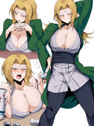 Rule 34 | 1girl, alcohol, angry, arm behind head, black pants, blonde hair, blush, breast rest, breasts, choko (cup), cleavage, cup, curvy, desk, drunk, forehead jewel, green jacket, highres, jacket, japanese clothes, kimono, large breasts, long hair, multiple views, nail polish, naruto, naruto (series), pants, red nails, sake, shimure (460), simple background, table, tsunade (naruto), white background