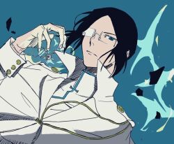 Rule 34 | 1boy, black hair, bleach, blue background, blue eyes, bracelet, buttons, capelet, closed mouth, dutch angle, glasses, hand up, ishida uryuu, jewelry, long sleeves, looking at viewer, male focus, parted bangs, pentacle, popped collar, quincy (bleach), satou417younakayama, shirt, solo, white capelet, white shirt