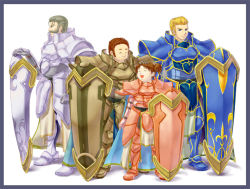 Rule 34 | 1girl, 3boys, :d, ^ ^, age difference, armor, bad id, bad pixiv id, blonde hair, blue eyes, brom, brown hair, cape, chappu (fire emblem), closed eyes, closed eyes, facial hair, father and daughter, fire emblem, fire emblem: radiant dawn, full armor, gatrie, grey hair, knight, meg (fire emblem), multiple boys, mustache, nintendo, open mouth, headpat, shield, smile, tauroneo