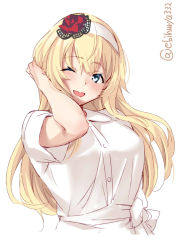 Rule 34 | 1girl, alternate costume, blonde hair, blue eyes, blush, breasts, ebifurya, flower, hair between eyes, hair flower, hair ornament, hairband, highres, kantai collection, large breasts, long hair, looking at viewer, one eye closed, open mouth, short sleeves, simple background, smile, solo, upper body, warspite (kancolle), white background