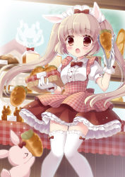 Rule 34 | 1girl, :o, animal ears, apron, basket, blush, bow, bow legwear, bowtie, bread, brown eyes, brown hair, dress, english text, food, gloves, highres, lace, lace-trimmed legwear, lace trim, light brown hair, long hair, looking at viewer, mana (10221125), moe2016, open mouth, original, puffy short sleeves, puffy sleeves, rabbit, rabbit ears, shop, short sleeves, solo, tareme, thighhighs, tongs, twintails, very long hair, waist apron, white gloves, zettai ryouiki