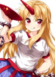 Rule 34 | 1girl, :d, blonde hair, blue skirt, breasts, closed mouth, cuffs, cup, highres, holding, holding cup, horns, hoshiguma yuugi, long hair, looking at viewer, medium breasts, oni horns, open mouth, red eyes, ruu (tksymkw), sakazuki, shackles, shirt, short sleeves, simple background, single horn, skirt, smile, solo, standing, star (symbol), tongue, tongue out, touhou, v-shaped eyebrows, white background, white shirt
