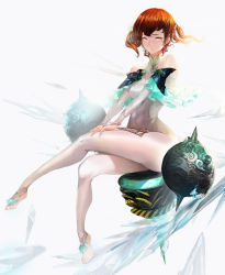 Rule 34 | 1girl, absurdres, aqua nails, bad anatomy, bamuth, bare shoulders, barefoot, bodysuit, bow, breasts, bridal gauntlets, brown hair, character request, commentary, covered navel, crossed legs, detached sleeves, eyelashes, green eyes, hair bow, hands on legs, highres, ice, looking at viewer, medium breasts, mole, mole under eye, nail polish, original, parted lips, ribbed bodysuit, short hair, sitting, skin tight, solo, toes, turtleneck, two side up, white bodysuit, white bow