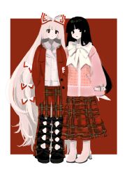 Rule 34 | 2girls, absurdly long hair, alternate costume, black bow, black eyes, black hair, boots, border, bow, bowtie, casual, closed mouth, coat, commentary request, footwear bow, fujiwara no mokou, full body, grey hair, hand grab, hands in pockets, highres, houraisan kaguya, jacket, long hair, long sleeves, looking at viewer, multiple girls, pants, pink jacket, plaid, plaid pants, plaid skirt, red background, red bow, red coat, red pants, red skirt, skirt, smile, subaru (user tmwv7722), touhou, two-tone bow, very long hair, white border, white bow, white bowtie, white footwear