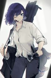 Rule 34 | 1girl, absurdres, adjusting shirt, andreana (arknights), arknights, black pants, blue eyes, carrying, collared shirt, cowboy shot, dirty, dirty clothes, dirty face, highres, ink, looking at viewer, one eye closed, pants, purple hair, sasahara (shou goi), shirt, short hair, shoulder carry, simple background, sleeves past elbows, sleeves rolled up, solo, tentacles, white background, white shirt