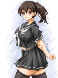 Rule 34 | 1girl, akimoto dai, alternate costume, arms behind back, artist name, black sailor collar, black serafuku, black skirt, black thighhighs, brown eyes, brown hair, commentary request, dated, highres, kaga (kancolle), kantai collection, long hair, name tag, neckerchief, one-hour drawing challenge, pleated skirt, sailor collar, school uniform, serafuku, short sleeves, side ponytail, skirt, solo, thighhighs, white neckerchief