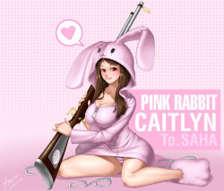 Rule 34 | 1girl, alternate costume, animal costume, animal ears, blush, breasts, brown hair, caitlyn (league of legends), character name, cleavage, collarbone, cuffs, dated, grin, gun, handcuffs, heart, highres, hood, hooded jacket, jacket, large breasts, league of legends, legs, long hair, no pants, panties, pantyshot, rabbit costume, rabbit ears, red eyes, rifle, ryu un, signature, sitting, smile, solo, spoken heart, striped clothes, striped panties, underwear, wariza, weapon, zipper