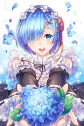 Rule 34 | 10s, 1girl, :d, apron, blue eyes, blue hair, blush, bob cut, bouquet, bow, breasts, cleavage, detached sleeves, flower, frills, hair ornament, hair over one eye, hair ribbon, holding, holding bouquet, holding flower, hydrangea, leaf, looking at viewer, maid, maid apron, maid headdress, matching hair/eyes, open mouth, outstretched arms, petals, re:zero kara hajimeru isekai seikatsu, rem (re:zero), ribbon, short hair, sliverbin, smile, solo, teeth, wide sleeves, wind, x hair ornament