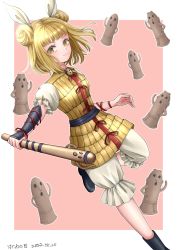 Rule 34 | 1girl, arm ribbon, arm up, belt, black belt, black footwear, blonde hair, boots, border, bow, breasts, closed mouth, commentary request, double bun, dress, dress bow, fingernails, grey pants, grey shirt, hair bun, hair ribbon, hands up, haniwa (statue), highres, holding, holding weapon, joutouguu mayumi, kyabekko, leg up, long fingernails, looking to the side, medium breasts, outside border, pants, pink background, polearm, puffy short sleeves, puffy sleeves, red bow, red ribbon, ribbon, shirt, short hair, short sleeves, simple background, smile, solo, spear, standing, standing on one leg, touhou, weapon, white border, white ribbon, yellow dress, yellow eyes