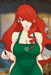 Rule 34 | 1girl, absurdres, apron, barista, blurry, blurry background, breasts, cafe, coffee, coffee cup, cup, disposable cup, highres, iced latte with breast milk (meme), kirijou mitsuru, large breasts, long hair, meme, naked apron, persona, persona 3, self-upload, solo, starbucks, very long hair, victoria mikoto