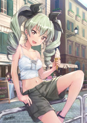 Rule 34 | 10s, 4girls, :d, against railing, akiyama yukari, alternate costume, anchovy (girls und panzer), artist name, bare arms, bare legs, bare shoulders, black ribbon, black shorts, blush, breasts, brown eyes, brown hair, building, camisole, city, cleavage, day, drill hair, food, girls und panzer, green hair, hair ribbon, hand in pocket, highres, holding, holding food, ice cream, leaning, leaning on object, leg up, long hair, looking at viewer, medium breasts, menu, multiple girls, navel, no legwear, open mouth, outdoors, railing, ribbon, road, sandals, shamakho, shorts, smile, solo focus, spaghetti strap, stomach, street, thumb in pocket, twin drills, twintails