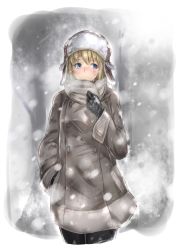 Rule 34 | 1girl, black gloves, black pantyhose, blonde hair, blue eyes, blush, breath, closed mouth, coat, cowboy shot, fur hat, gloves, grey scarf, hand in pocket, hat, highres, long sleeves, looking away, nose blush, original, ototobe, pantyhose, scarf, snowing, solo, standing, winter, winter clothes, winter coat