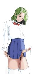 Rule 34 | 1boy, bad id, bad pixiv id, censored, cock ring, contrapposto, crossdressing, cum, cum string, diathorn, earrings, erection, frills, green eyes, green hair, head tilt, jewelry, lips, looking at viewer, male focus, matching hair/eyes, penis, penis ribbon, pleated skirt, ribbon, sex toy, simple background, skirt, solo, standing, thighhighs, trap, white background