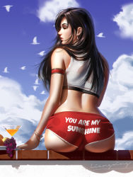 Rule 34 | 1girl, arm strap, ass, bangle, bare shoulders, bikini, bird, black hair, blue sky, blush, bracelet, breasts, brown eyes, clothes writing, cloud, cloudy sky, cocktail glass, crop top, cup, day, drink, drinking glass, earrings, final fantasy, final fantasy vii, food, from behind, fruit, grapes, half-closed eyes, highres, jewelry, large breasts, liang xing, long hair, looking to the side, makeup, mascara, on wall, outdoors, patreon username, realistic, red bikini, red shorts, short shorts, shorts, sidelocks, signature, sitting, skindentation, sky, solo, square enix, sweat, swimsuit, tankini, tifa lockhart, trefoil, watermark, wet, wet clothes