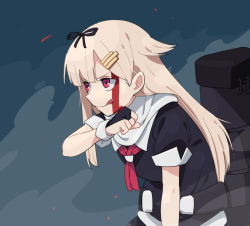 Rule 34 | 1girl, :q, arm at side, black ribbon, blonde hair, blood, blood on face, blue background, clenched hand, closed mouth, from side, hair flaps, hair ornament, hair ribbon, hairclip, kantai collection, leaning forward, long hair, machinery, red eyes, ribbon, smile, solo, tongue, tongue out, tonmoh, wiping face, yuudachi (kancolle), yuudachi kai ni (kancolle)