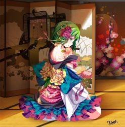 Rule 34 | 1girl, arm behind head, bare shoulders, daisy, floral print, flower, from behind, goshoguruma, green eyes, green hair, gumi, hair flower, hair ornament, indoors, japanese clothes, kashi kosugi, kikumon, long sleeves, looking at viewer, looking back, matching hair/eyes, nape, off shoulder, on floor, plum blossoms, profile, red flower, red rose, rose, sayagata, signature, sitting, smile, solo, tassel, tatami, tattoo, vocaloid, wide sleeves