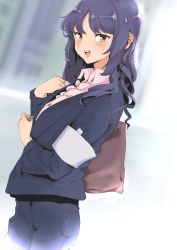 Rule 34 | 1girl, :d, absurdres, armband, bag, black suit, blurry, blurry background, brown eyes, feifufung, formal, handbag, highres, long hair, office lady, open mouth, original, outdoors, safety pin, smile, suit