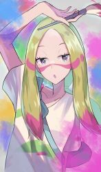 Rule 34 | 1girl, :o, arm up, blonde hair, bright pupils, collarbone, commentary request, creatures (company), dusk poke27, eyelashes, facepaint, game freak, grey eyes, half-closed eyes, highres, holding, holding paintbrush, long hair, looking at viewer, mina (pokemon), nintendo, open mouth, paint, paintbrush, pokemon, pokemon sm, short sleeves, signature, solo, upper body