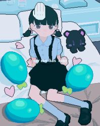 Rule 34 | 1girl, animated, animated gif, balloon, black footwear, black hair, black skirt, blouse, cursor, dithering, english text, female focus, grey eyes, headpat, heart, highres, loafers, looking at viewer, looping animation, low twintails, on bed, original, peco-pech, shirt, shoes, short twintails, sitting, skirt, solo, stuffed toy, suspenders, twintails, white shirt