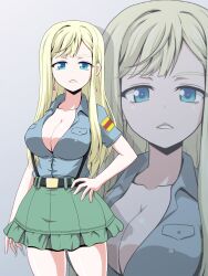 Rule 34 | 1girl, aoshidan school uniform, belt, black belt, blonde hair, blue eyes, blue shirt, breasts, cleavage, collared shirt, covered erect nipples, cowboy shot, earrings, frilled skirt, frills, gigi andalusia, girls und panzer, green skirt, grey background, gundam, gundam hathaway&#039;s flash, hand on own hip, highres, jewelry, kamishima kanon, large breasts, long hair, looking at viewer, name connection, partially unbuttoned, school uniform, shirt, short sleeves, skirt, solo, spanish flag, standing, suspender skirt, suspenders, zoom layer