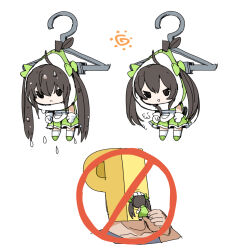 Rule 34 | 1boy, 1girl, :&lt;, akira exhale, black eyes, black hair, bow, cannibalism, chibi, clothes hanger, commentary request, dripping, drying, food costume, frown, green bow, green footwear, green skirt, hanging, highres, holding chibi, idolmaster, idolmaster cinderella girls, jitome, matoba risa, no symbol, p-head producer, pear slice, producer (idolmaster), simple background, skirt, socks, spawnfoxy, sun symbol, teeth, triangle mouth, twintails, white background, white socks