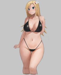 Rule 34 | 1girl, bikini, black bikini, blonde hair, blue eyes, blush, breasts, closed mouth, collarbone, commentary request, cropped legs, gluteal fold, grey background, hair between eyes, hair ornament, highres, long hair, navel, no nose, original, oruka (kamituki0827), simple background, solo, straight-on, string bikini, swimsuit, thick thighs, thighs, tsurime
