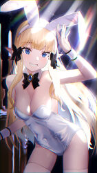 Rule 34 | 1girl, absurdres, animal ears, blonde hair, blue eyes, bow, bowtie, breasts, brooch, cleavage, covered navel, detached collar, elf, fake animal ears, fake tail, grin, hair bow, hanba rou, hand up, highres, jewelry, large breasts, leotard, light rays, long hair, looking at viewer, playboy bunny, pointy ears, princess connect!, rabbit ears, rabbit tail, saren (princess connect!), smile, solo, sparkle, sunlight, tail, thighhighs, very long hair, wrist cuffs