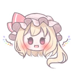 Rule 34 | 1girl, :d, blonde hair, blush, chibi, flandre scarlet, hat, head only, looking at viewer, mitama311, mob cap, one side up, open mouth, red eyes, short hair, simple background, smile, solo, touhou, white background, wings