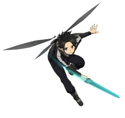 Rule 34 | 10s, 1boy, black eyes, black hair, full body, highres, holding, holding sword, holding weapon, kirito, kirito (sao-alo), looking at viewer, male focus, official art, pointy ears, short hair, simple background, solo, sword, sword art online, sword art online: code register, weapon, white background, wings