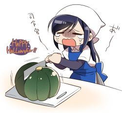 Rule 34 | 10s, 1girl, = =, apron, arm warmers, asashio (kancolle), black hair, blue apron, cleaver, commentary request, crying, cutting board, closed eyes, happy halloween, heart, kantai collection, kitchen knife, knife, long hair, open mouth, pumpkin, shaded face, short sleeves, solo, tears, tsunoda magu, wavy mouth, white background