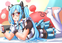 Rule 34 | .live, alternate costume, animal ear headphones, bespectacled, blue hair, breasts, cat ear headphones, commentary request, fake animal ears, glasses, gloves, headphones, highres, large breasts, looking at viewer, lying, on stomach, playing games, red eyes, shizukanahoshi, solo, thighhighs, twintails, virtual youtuber, white thighhighs, yamato iori