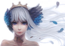 Rule 34 | 1girl, blue eyes, choker, crown, feathers, gwendolyn (odin sphere), hair ornament, looking at viewer, matsuura daruma, odin sphere, solo, white hair