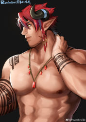 Rule 34 | 1boy, abs, bara, beard, between pectorals, bodypaint, braid, commission, demon boy, demon horns, facial hair, hair between eyes, hand on own neck, highres, horns, jewelry, large pectorals, male focus, mature male, multiple braids, muscular, muscular male, necklace, nipples, nude, original, pectorals, pointy ears, powerlesssong, red hair, short hair, solo, stomach, stubble, upper body, weibo logo, weibo watermark