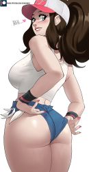 Rule 34 | 1girl, absurdres, ass, ass focus, bare shoulders, baseball cap, blouse, blue eyes, blush, breasts, brown hair, come hither, creatures (company), denim, denim shorts, echo saber, from behind, game freak, hat, highres, hilda (pokemon), huge ass, large breasts, long hair, looking at viewer, looking back, nail polish, naughty face, nintendo, parted lips, pokemon, pokemon bw, ponytail, shiny skin, shirt, short shorts, shorts, sideboob, sleeveless, sleeveless shirt, smile, solo, thick thighs, thighs, white shirt, wide hips