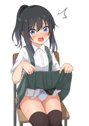 Rule 34 | 1girl, alternate hairstyle, asashio (kancolle), black hair, black thighhighs, blue eyes, bow, bow panties, chair, clothes lift, comiching, cowboy shot, embarrassed, grey skirt, highres, kantai collection, lifting own clothes, long hair, looking at viewer, panties, ponytail, shirt, short sleeves, sitting, skirt, skirt lift, solo, surprised, suspender skirt, suspenders, sweatdrop, thighhighs, underwear, white panties, white shirt