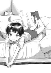 Rule 34 | 1boy, black socks, blush, full body, greyscale, highres, looking at viewer, lying, male focus, monochrome, on bed, on stomach, original, piko (pixiv), shirt, shorts, single sock, smile, socks, solo, t-shirt